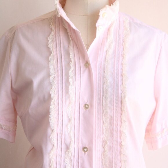 Vintage 1960s Blouse, Pink Cotton Tuxedo Front with Ruffled Lace Trim and Nehru - Picture 3 of 10